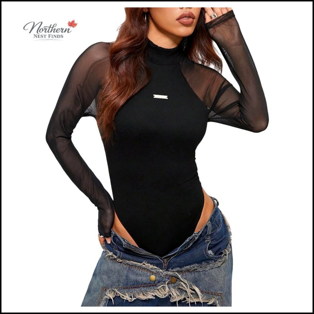 Mesh Long Sleeve Bodysuit Mock Neck Leotard Fitted Tops